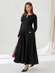 Auralis 大码女装秋季服装，超长连衣裙，大码女装连衣裙，长款保暖连衣裙，秋季女装，口袋连衣裙，大码伞裙，黑色连衣裙，休闲女装 - 黑色 - 查看 1