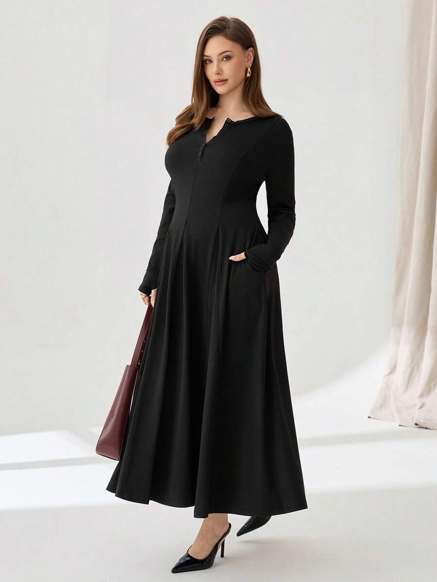 Auralis 大码女装秋季服装,超长连衣裙,大码女装连衣裙,长款保暖连衣裙,秋季女装,口袋连衣裙,大码伞裙,黑色连衣裙,休闲女装 - 黑色 - 查看 1