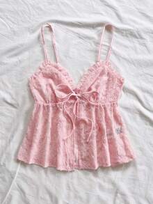 Soleia Women's Vacation Romantic Pink Lace Texture Ruffle Strap Camisole, Casual For Date, Afternoon Tea, Wedding Season, Beach, Cruise, City Trip, Party, Boho Vacation Pink Babydoll Top Pink Top Pink Lace Top Cute Tops Pink Top Pink Summer Top Summer Cute Tops