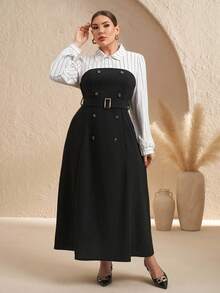 Chikora Đầm công sở tay dài tối giản, dáng rộng, có túi ở eo - Đen và trắng - Xem 8