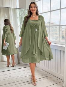 Ellevyn Plus Size Women's Solid Color 3/4 Sleeve Open Front Jacket And Rhinestone Decor Pleated Thick Strap Dress Elegant Set - Olive Green - View 6