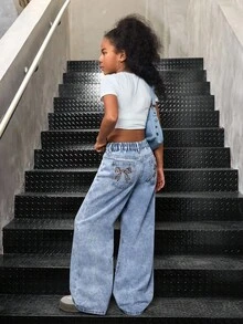 Jeans vintage années 90 pour préadolescentes, imprimé léopard, poches larges, taille basse, denim polyvalent à jambes évasées, style Y2K. Tenues pour enseignantes, tenues de rentrée scolaire, robes d'église, tenues casual chic pour filles, robes en jean cargo, pantalons larges d'automne/hiver pour filles. Jeans en denim à jambes longues et évasées avec imprimé léopard pour adolescentes. Jeans en denim à jambes évasées et imprimé léopard marron pour le style streetwear des adolescentes - Jean clair - Voir 7