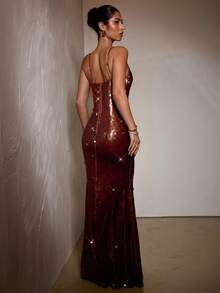 SHEIN BAE Autumn/Winter Burgundy Sequin Spaghetti Strap Hollow Out Bodycon Elegant Formal Maxi Dress,Luxurious Summer Party Event Gown, Club Wear For Women - Coffee - View 2