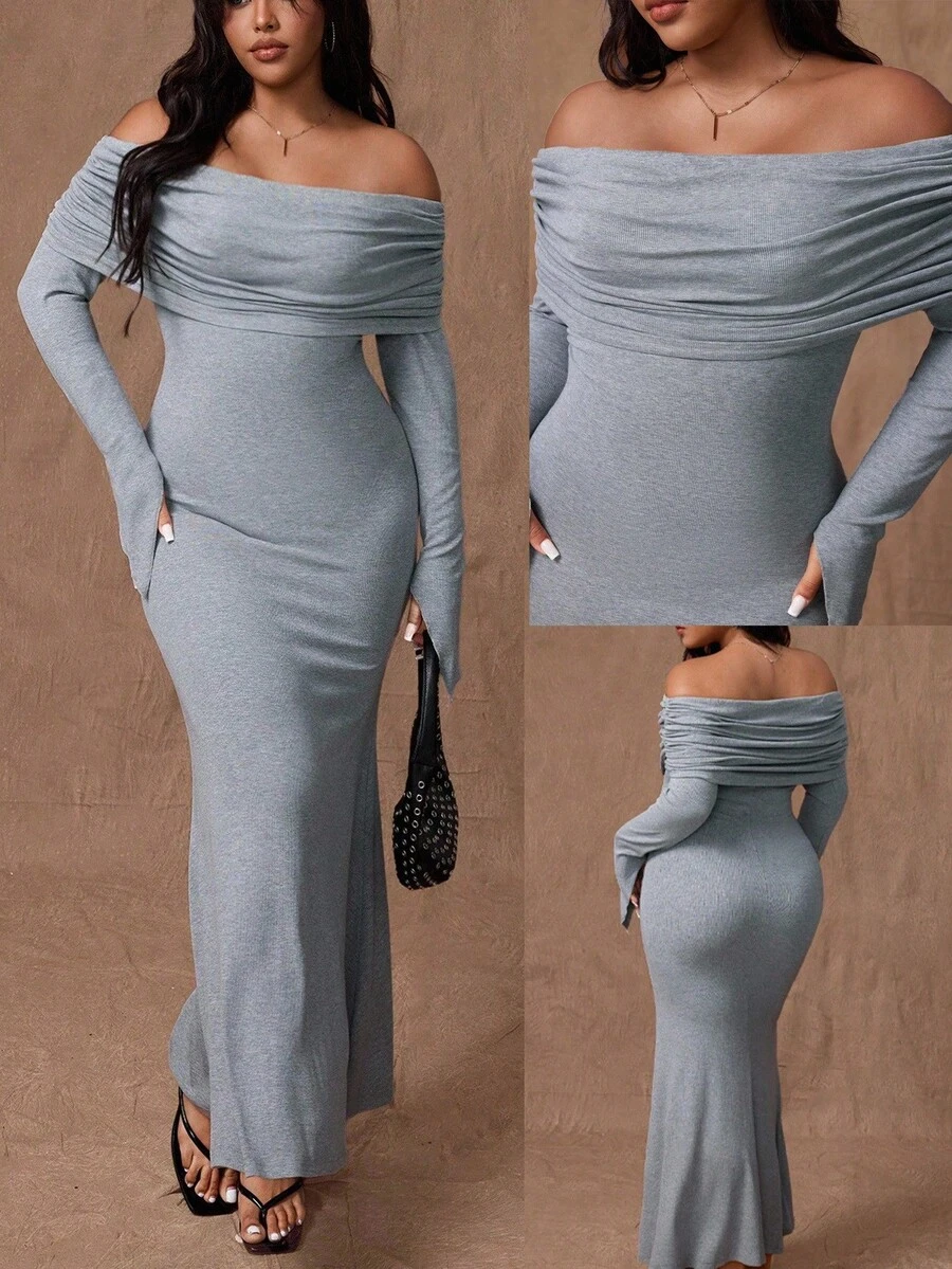 Rustia 大码女式纯色褶饰优雅收腰单肩连衣裙 - 灰色 - 查看 1