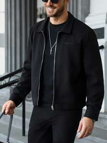 Manfinity CasualCool Manfinity Men's Long Sleeve Black Zip-Up Overcoat ,Ideal For Halloween, Christmas, Daily Streetwear & Casual Dates, Perfect Gift For Boyfriends/Husbands On Anniversaries, Fall Winter