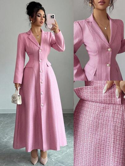 Elenzga New Women's Turndown Collar Long Sleeve Faux Pocket Open Front A-Line Long Dress, Casual Resort Daily Versatile Youthful Elegant Fall Cloth For Women