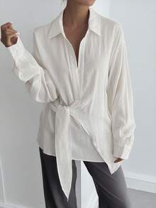 DAZY Women's Half-Placket Side Tie Pullover Casual Elegant Shirt Long Sleeve Top - White - View 5