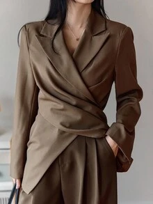 DAZY 女士裹身领系带后腰常规款西装外套 秋冬商务装 - 卡其色 - 查看 2