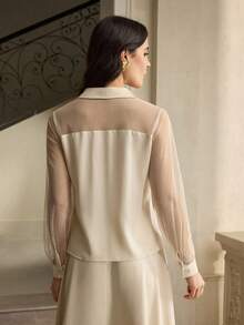 ZEYLAH 优雅女士波尔卡圆点网眼拼布长袖衬衫 - 杏色 - 查看 3