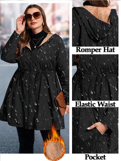 SHEIN Clasi Plus Size Women's Padded Coat, Elegant Black Padded Coat With Lining, Hooded Padded Coat, Waist Cinched Slimming Padded Coat With Pockets