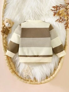 SHEIN Autumn New Arrival Newborn Baby Striped Contrast Color Top, Cute Bear Embroidery Soft & Comfy Shoulder Button Casual Baby Clothes Fall Winter