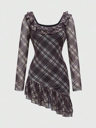 J-Fashion Vestido corto de manga larga minimalista casual a cuadros para mujer