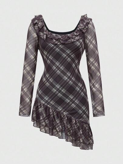 J-Fashion Women's Plaid Minimalist Casual Long Sleeve Short Dress