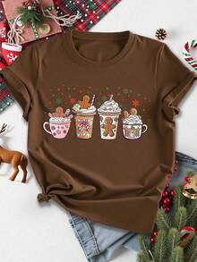 EMERY ROSE Christmas Coffee Gingerbread Man Printed Casual Plus Size T-Shirt - Coffee Brown - View 1