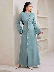 Veilorie Women's Simple Solid Color Long Sleeve Arabic Dress For Daily Wear - Green - View 6