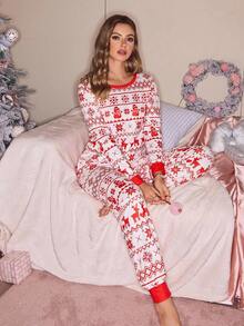 圣诞元素条纹印花撞色圆领上衣和裤子睡衣套装，休闲舒适，适合女性，情侣圣诞睡衣，女士圣诞睡衣，女士长袖红色睡衣套装，舒适睡衣套装，秋冬服装 - 紅色 - 查看 4