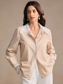 Anewsta Áo cánh nữ trang trí ren chắp vá sọc thanh lịch - Màu Mù tạt vàng - Xem 5