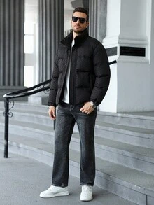 Manfinity CasualCool 男士拉链格子撞色长袖口袋冬季棉服外套，男士冬季外套，拼色加绒保暖冬季外套，格子冬季外套 - 黑色 - 查看 4