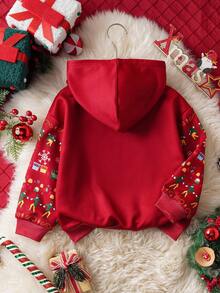 ELF X SHEIN Young Boy Christmas Letter Graphic Hooded Long Sleeve Sweatshirt Fall Winter - Red - View 2