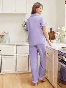Ruffle Trim Pocket Patched PJ Set / Pajama Set - Purple - View 2
