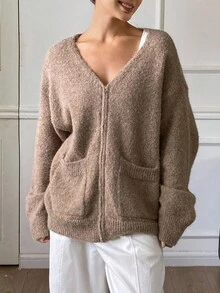 Livesso Cárdigan holgado con cremallera y cuello en V para mujer, otoño - Marrón - Ver 6