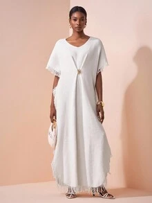 Zivah Vacation Casual Solid Color Fringe Decor Side Slit Knit Dress - White - View 7