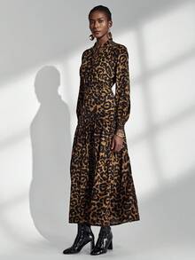 Almamuse Women's Leopard Print Loose V-Neck Tie-Up Long Sleeve Dress Fall Cloth For Women - Multicolor - View 5