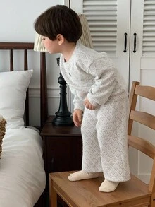 DAZY 2 件套男宝宝韩版休闲长袖 T 恤和宽松裤子睡衣套装秋冬 - 白色 - 查看 3