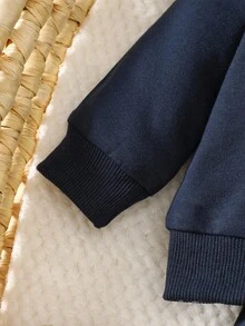 SHEIN 韩版新生儿卡通熊刺绣卫衣和舒适合身长袖裤两件套服装套装，休闲婴儿服装 - 寶藍色 - 查看 4