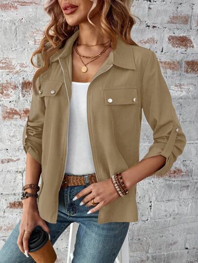 EMERY ROSE 女士纯色休闲拉链衬衫，简约设计卡其色拉链夹克女士卡其色夹克女士夏季夹克轻便卡其色夹克女士休闲夹克