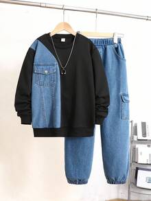 SHEIN Tween Boy Casual Fashion Simple Denim Patchwork Sweatshirt With Pants, Suitable For Daily Wear In Autumn And Winter  Winter Autumn Boys Boy Kids Boys Kids Boy Teen Boys Fall