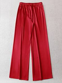 SHEIN LUNE 女士休闲亮面缎面低腰阔腿裤，适合简约休闲和通勤穿搭，春夏缎面裤，休闲款 - 紅色 - 查看 3