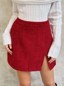 SHEIN Unity Women's Thick Woolen A-Line Skirt, Red, Autumn/Winter - Burgundy - View 2