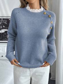 SHEIN PariChic 全新花卉装饰圆领宽松休闲女式毛衣 - 藍色 - 查看 6
