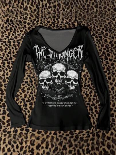 Attitoon Women's V-Neck Casual Minimalist Fitted Long Sleeve T-Shirt, Suitable For Autumn/Winter, Y2K, Punk Retro Vintage Style, Skull Print