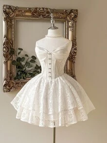 Lovelzi 优雅、浪漫、时尚的白色蕾丝和缎面拼接露肩收腰长裙，适合单身派对、婚礼、毕业典礼、度假、新娘送礼会