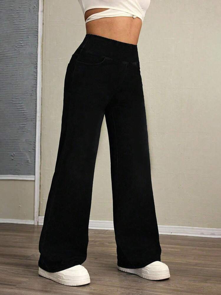 Flexra Women's Casual Washed High Waisted Straight Jeans - Black - View 6
