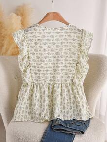 CosyJoli 大码女式夏季休闲度假花卉印花荷叶边 V 领衬衫 - 藍色 - 查看 2