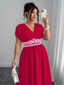 Elenzga Waist Embroidery,Paisley Print,V-Neck,Ruched Shoulders,Cinched Waist,Elegant - Rose Red - View 6