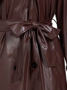 Ellevyn Fashionable Angola Red PU Leather Lined Long Windbreaker, Autumn/Winter,Fall - Burgundy - View 8