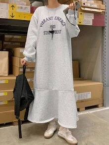 Livesso Casual Loose Long Sleeve Round Neck Women Long Dress - Grey - View 5