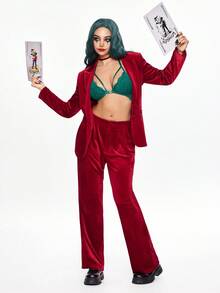 ROMWE Conjunto de traje de mujer de terciopelo burdeos (top de manga larga y pantalones sueltos, conjunto de 2 piezas) - Rojo - Ver 7