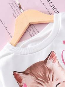 SHEIN 2 件套 少女可爱猫咪印花运动衫和百褶迷你裙套装 - 白色 - 查看 13