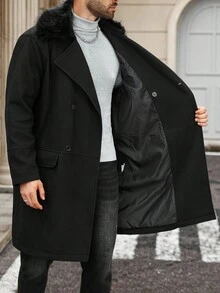 Manfinity Homme 男士加大码时尚双排扣大衣，秋冬季 - 黑色 - 查看 6
