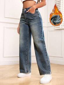 SHEIN PETITE Quần Jeans Nữ Dáng Thẳng Rộng, Lót Nhiệt, Phong Cách Retro - Màu xanh lam - Xem 6
