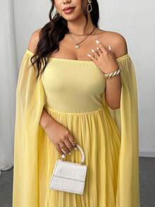 Elenzga Plus Size Women's Elegant Off-Shoulder Ruffle Chiffon Maxi Dress, Suitable For Party, Wedding Guest, Spring/Autumn/Winter - Yellow - View 4