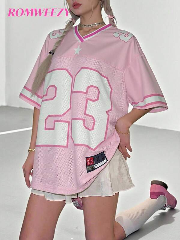 Loose V-Neck T-Shirt, Sports Style For Teenage Girls