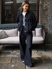 DAZY 女士撞色纽扣领装饰牛仔夹克和直筒牛仔裤休闲牛仔套装 - 深色水洗藍 - 查看 2