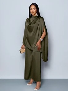 SOLERSUN 女士时尚纯色优雅立领时尚精致蝙蝠袖缎面不对称下摆衬衫和直腿优雅长裤套装 - 橄欖綠 - 查看 4