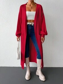 EURMUSE Drop Shoulder Lantern Sleeve Open Front Cardigan - Burgundy - View 3